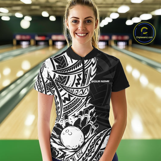 Custom Black And White Maori Style Koru Spiral Tribal Women Bowling Quarter-Zip Shirt IPHW10955