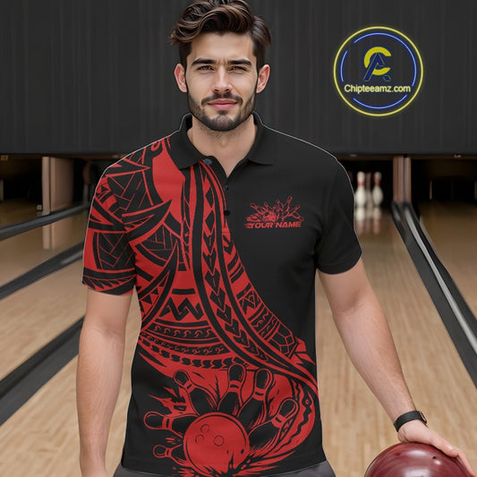 Custom Black And Red Maori Style Koru Spiral Tribal Men Bowling Polo Team Shirt IPHW10961