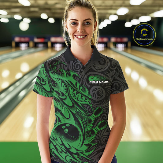 Custom Black And Green Tribal Polynesian Bowling Team Women Shirts, Niho Mano Bowling Shirt IPHW10757