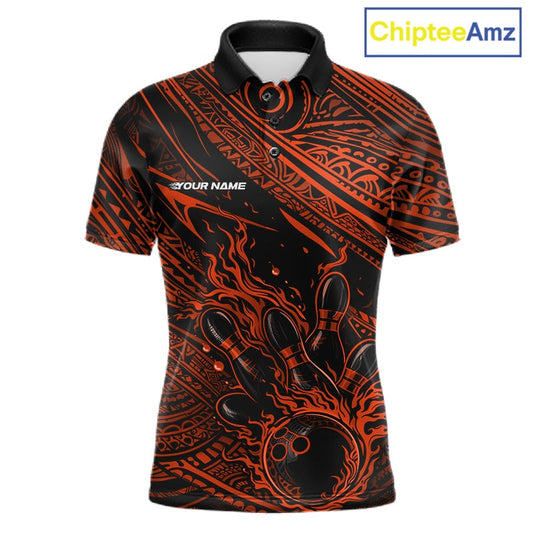 Custom Black And Orange Tribal Flame Bowling Ball Bowling Team Shirts, Polynesian Bowling Tournament Shirt IPHW10488