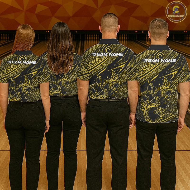 Custom Black And Yellow Tribal Flame Bowling Ball Bowling Team Shirts, Polynesian Bowling Tournament Shirt IPHW10489