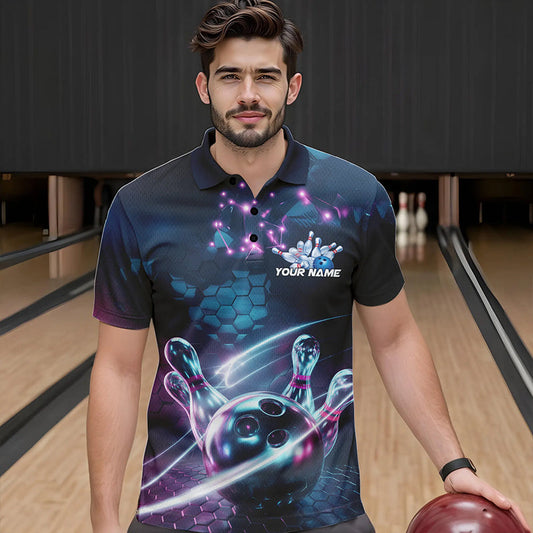 Custom Hexagon Holographic Bowling Team Men Polo Shirts, Galaxy Bowling League Shirt IPHW8903