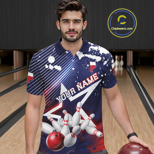 A man wearing a custom bowling-themed short-sleeve polo shirt with a blue, white, and red graphic design featuring bowling pins, a bowling ball, and the text 'YOUR NAME'. He is holding a bowling ball in a bowling alley, with a 'Chileamz.