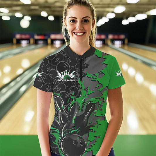 Custom Black And Green Flame Bowling Womens Quarter-Zip Shirt, Bowling Tournament Uniform IPHW8618