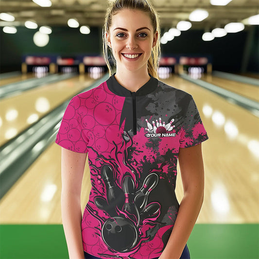 Custom Black And Pink Splatter Camo Flame Bowling Womens Quarter-Zip Shirt, Team Uniform IPHW8626