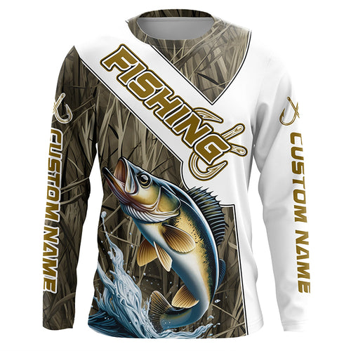 Walleye Fishing Fish Hook Custom Long Sleeve Shirts, Walleye Jerseys Fishing Gifts | Grass Camo IPHW6660