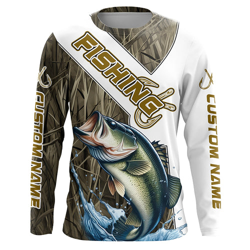 Largemouth Bass Fishing Fish Hook Custom Long Sleeve Shirts, Bass Jerseys Fishing Gifts | Grass Camo IPHW6661