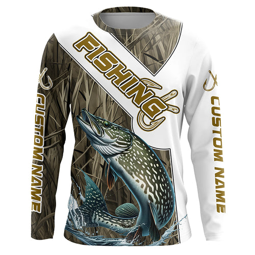 Pike Fishing Fish Hook Custom Long Sleeve Shirts, Pike Jerseys Fishing Gifts | Grass Camo IPHW6662