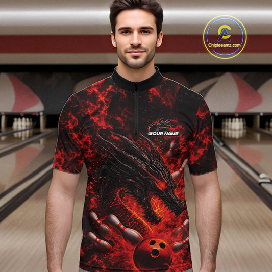 Custom Black And Red Flame Dragon Bowling Men Quarter-Zip Shirt, Dragon Bowling League Shirt IPHW10277