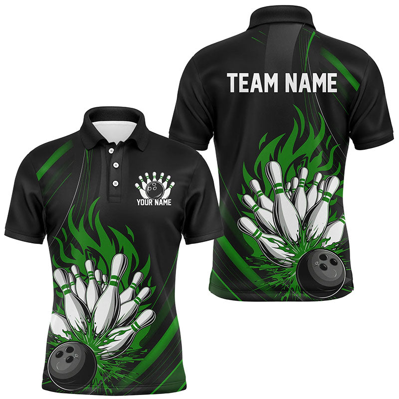 Personalized Bowling Shirts For Men, Black And Green Flame Bowling Team Shirt Bowlers Outfit IPHW7209