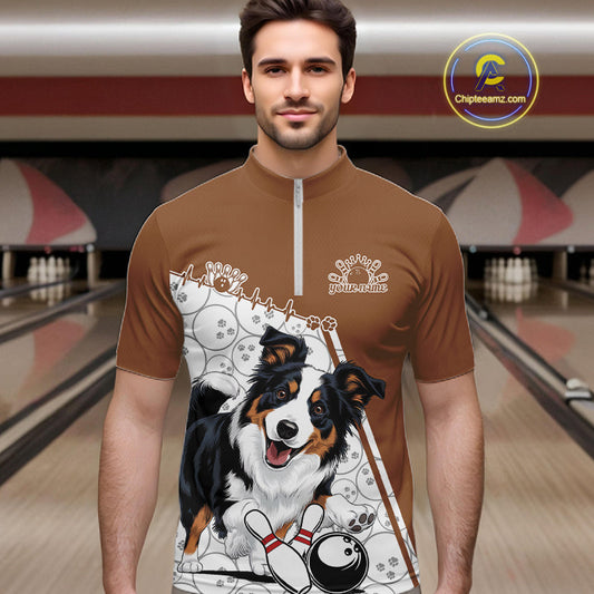 Custom Cute Funny Border Collie Dog Bowling Men Quarter-Zip Shirts, Dog Lovers Bowling Shirt IPHW10288