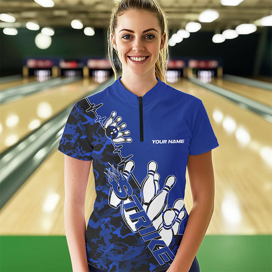 Custom Blue Camo Strike Womens Bowling Quarter-Zip Shirts, Team Bowling League Shirt Shirt IPHW8446