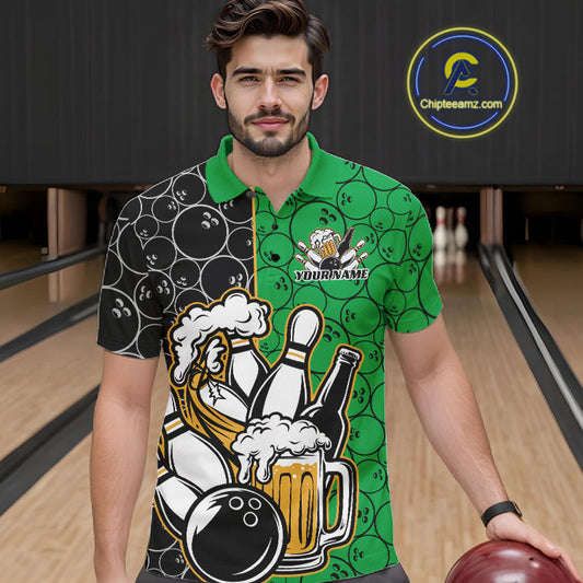 Custom Black And Green Retro Bowling Beer Team Shirts For Men, Bowling Pattern Jerseys IPHW10539