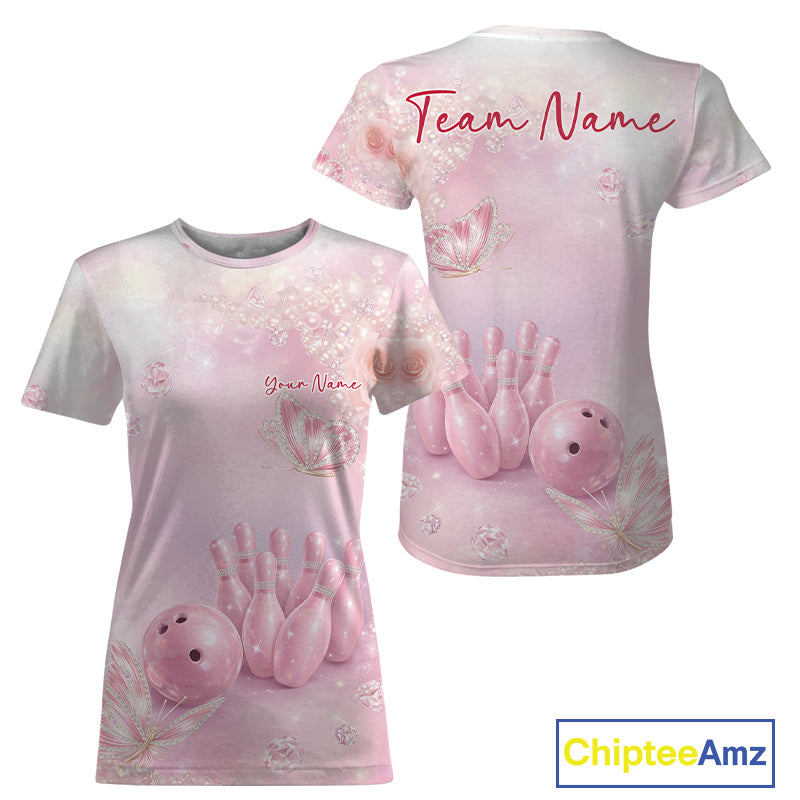 Women’s crewneck bowling shirt featuring pink glitter butterflies, diamond details, bowling pins, and a bowling ball, shown in front and back view.