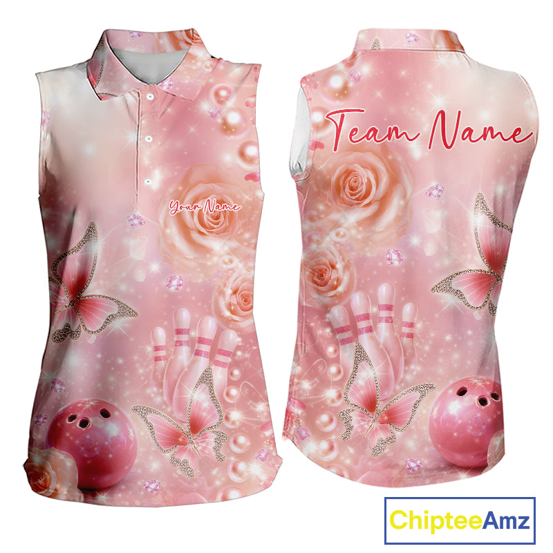 Front and back mockup of a women’s sleeveless bowling shirt adorned with pink glitter butterflies, sparkling diamonds, bowling pins, and a bowling ball.