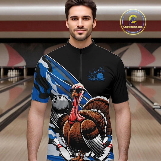 Custom Blue Camo Funny Turkey Bowling Team Shirt For Men, Turkey Bowling Jerseys IPHW10549