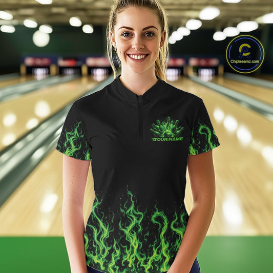 Custom Green Flame Skull Bowling Team Shirts For Women, Halloween Bowling Jerseys IPHW10552