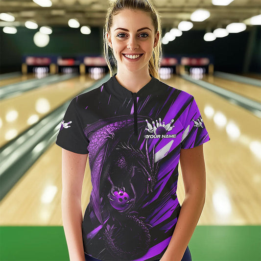 Black And Purple Custom Dragon Bowling Team Women Quarter-Zip Shirt, Bowling League Shirt IPHW8966