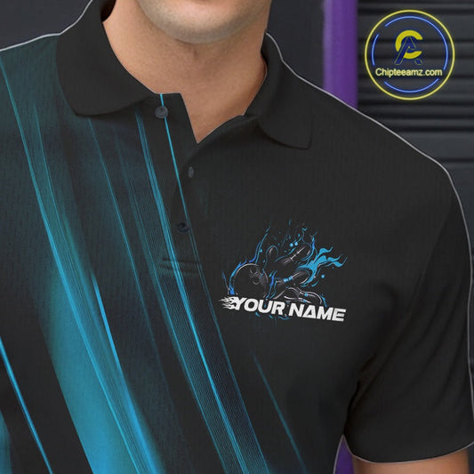 Custom Black And Blue Gradient Flame Bowling Team Jerseys, Fire Bowling Shirt For Men IPHW10571