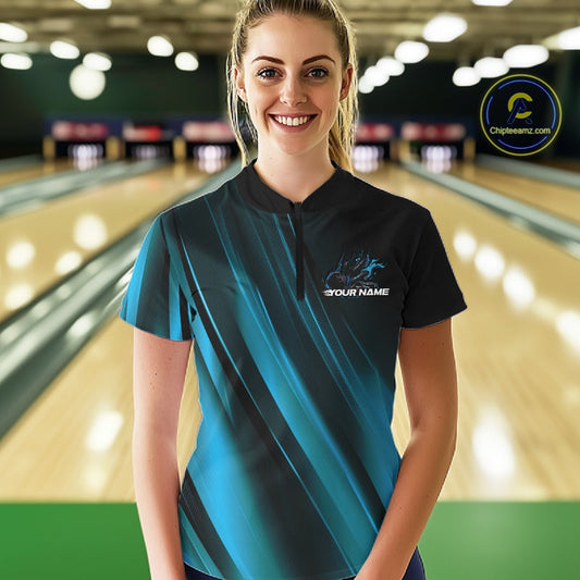 Custom Black And Blue Gradient Flame Bowling Team Jerseys, Fire Bowling Shirt For Women IPHW10571
