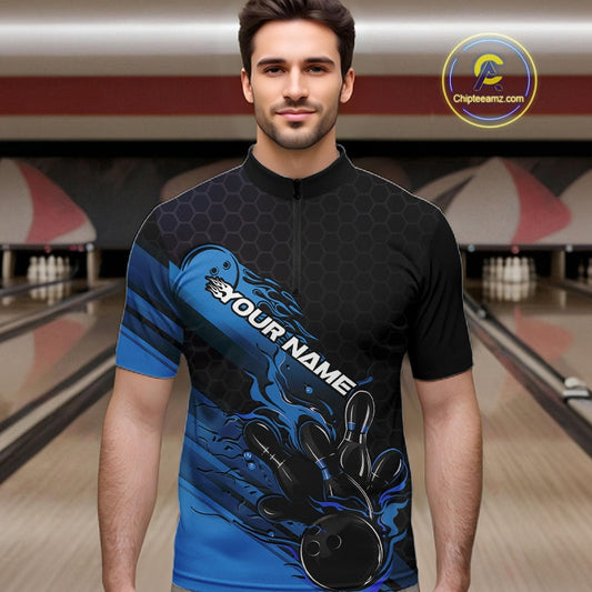 Custom Black And Blue Flame Bowling Team Shirts, Bowling League Shirt Men Bowling Jersey IPHW10575