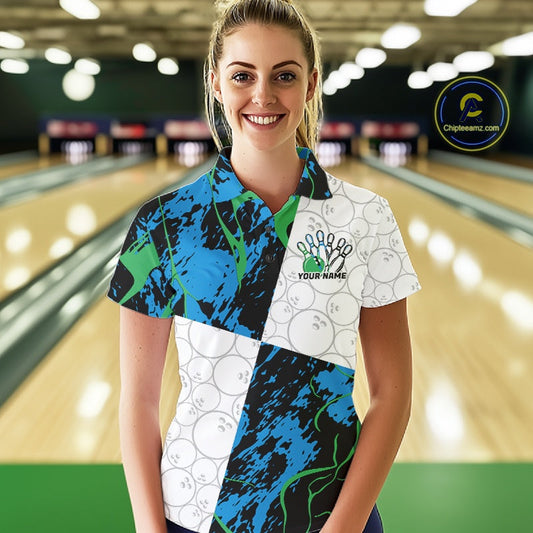 Custom Blue And Green Camo Bowling Team Shirts For Women, Camouflage Bowler Outfit IPHW10607