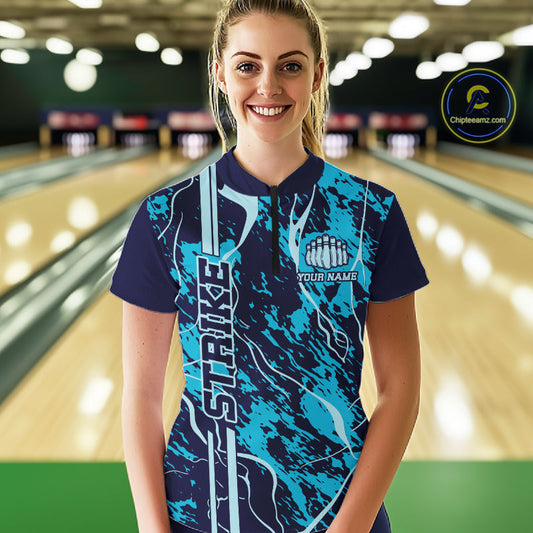 Custom Navy And Cyan Blue Camo Strike Bowling Shirt Women Bowling Team Jersey IPHW10612