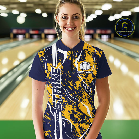 Custom Navy Blue And Yellow Camo Strike Bowling Shirt, Women Bowling League Team Jerseys IPHW10613