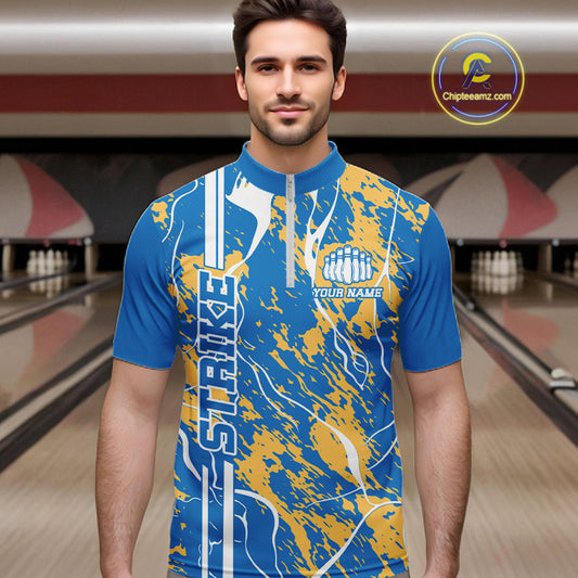 Custom Azure Blue And Yellow Camo Strike Bowling Shirt, Men Bowling League Team Jerseys IPHW10615