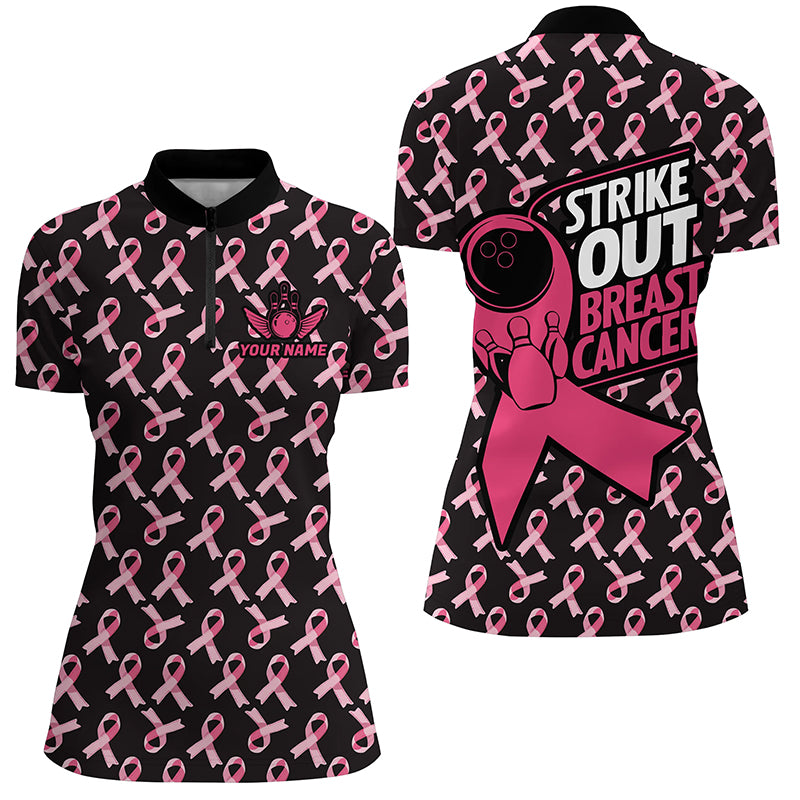 Strike Out Breast Cancer Pink Ribbon Pattern Custom Bowling Shirts For Women Bowling Jersey IPHW7047