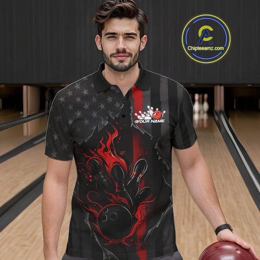 Custom Red Thin Line American Flag Patriotic Flame Bowling Team Men Polo Shirts IPHW10179