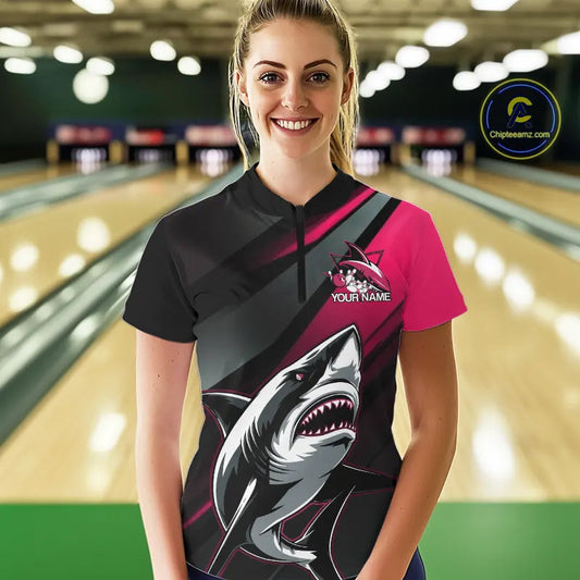 Custom Black And Pink Shark Bowling Jersey, Bowling Uniform Shark Women Quarter-Zip Shirt IPHW9001