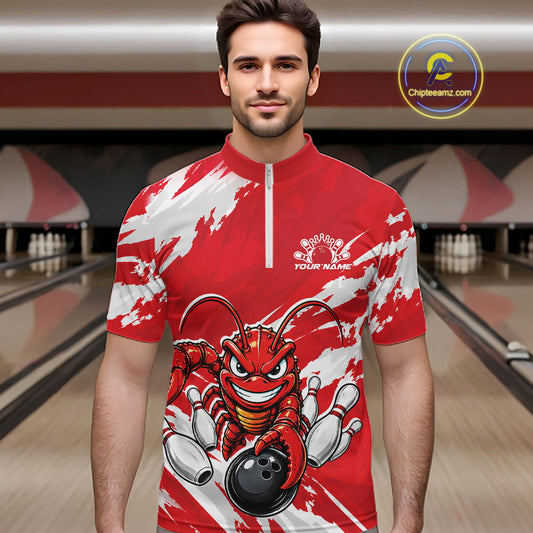 Front view of a male model in a bowling alley wearing a red custom quarter zip bowling shirt with an aggressive crawfish bowling design and a distressed background.