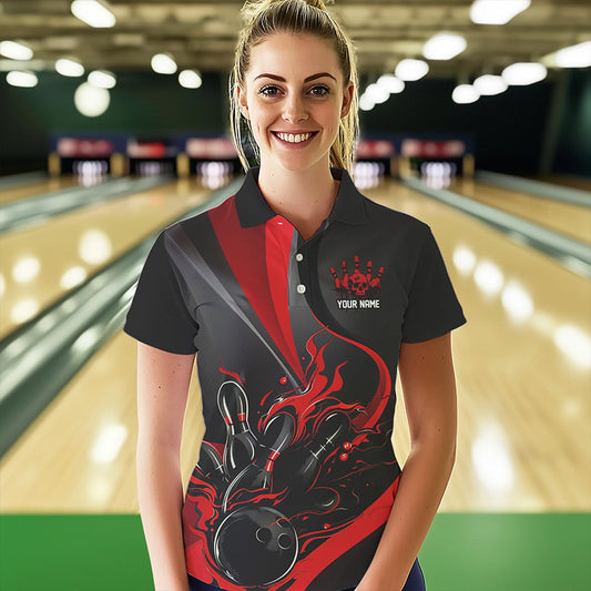 Red And Black Flame Bowling Team Shirts, Strike Bowling Short Sleeve Polo Shirts For Women IPHW6755