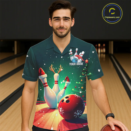 Custom Christmas Bowling Men And Women Hawaiian Shirt, Christmas Bowling Team Tournament Outfits IPHW7841