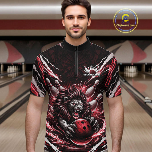 Custom Black And Red Lion Bowling Jerseys, Lion Bowling Tournament Men Quarter-Zip Shirt IPHW10353