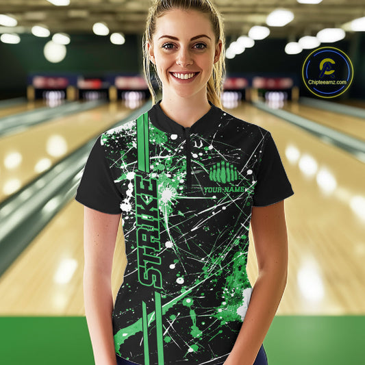 Custom Black And Green Splatter Camo Strike Bowling League Shirts, Women Bowling Jerseys IPHW10653