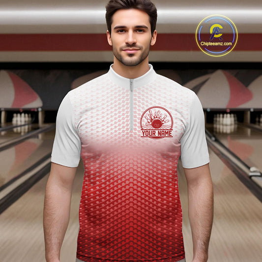 Custom Name Red Bowling Jerseys For Men, Bowling League Quarter-Zip Shirt Bowler Outift IPHW10656