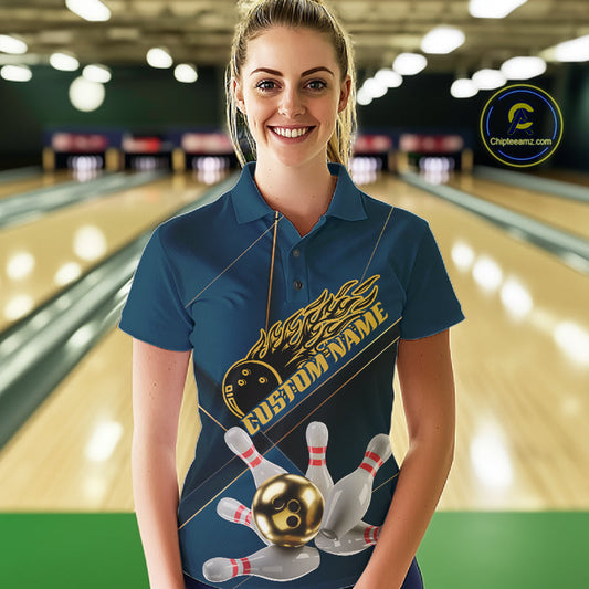Custom Blue And Gold Bowling Shirts For Women, Flame Bowling Team Shirts Bowling Uniform IPHW10661