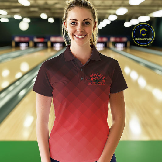 Bowling Heartbeat Pulse Line Red Argyle Custom Bowling Team Polo Shirts For Women IPHW10664