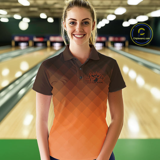 Bowling Heartbeat Pulse Line Orange Argyle Custom Bowling Team Polo Shirts For Women IPHW10666