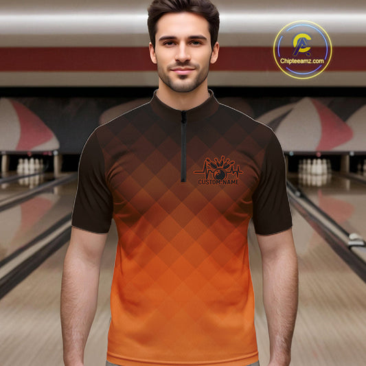 Bowling Heartbeat Pulse Line Orange Argyle Custom Bowling Team Quarter-Zip Shirts For Men IPHW10666