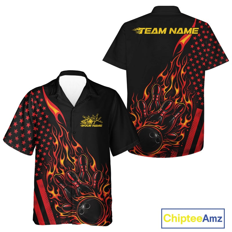 Front and back mockup of a black button-up bowling shirt featuring a red-orange flaming bowling ball striking pins with patriotic styling.