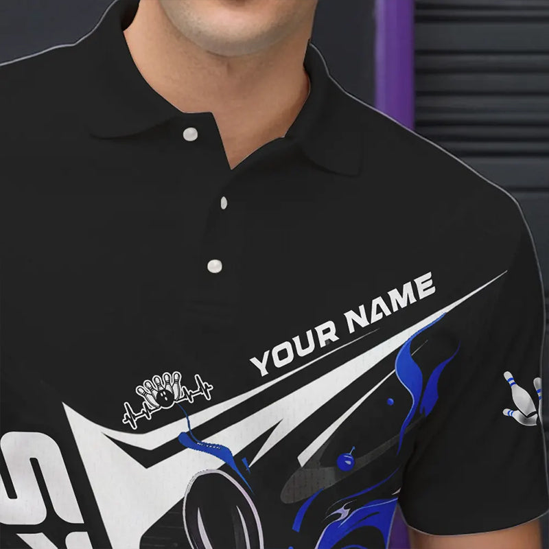 Custom Black And Blue Flame Strike Bowling Polo Shirts For Men, Strike Bowling Jerseys IPHW8313