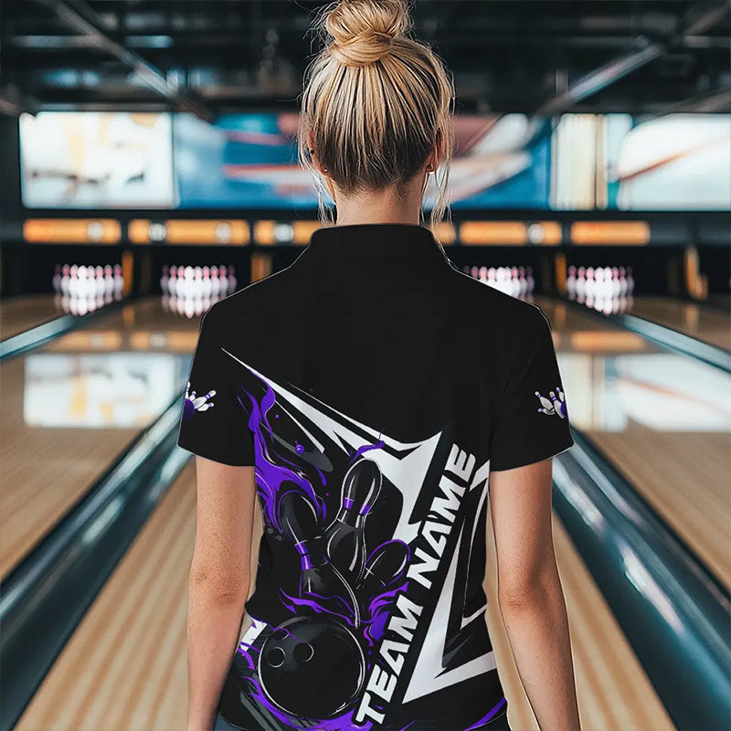 Custom Black And Purple Flame Womens Strike Bowling Quarter-Zip Shirts, Bowling Jersey IPHW8315