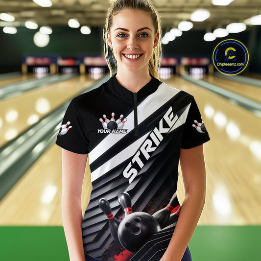 Custom Black And Red Strike Bowling Quarter-Zip Shirts For Women, Bowling Team Uniform IPHW9627