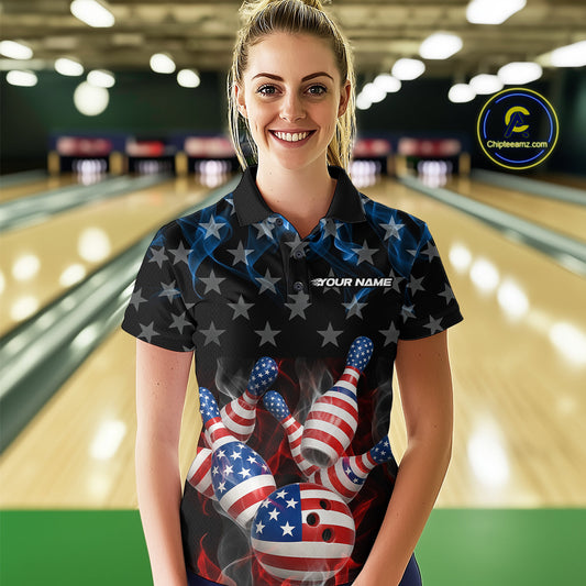 Custom Red And Blue Flame American Flag Patriotic Bowling Women Polo Shirts, Team Uniform IPHW9716