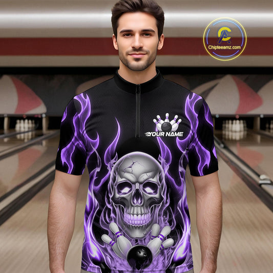 Custom Purple Fire Flame Skull Bowling Quarter-Zip Shirts For Men, Halloween Bowling Team Outfit IPHW9493