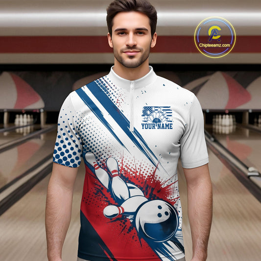 Custom Red, White And Blue Patriotic US Flag Bowling Quarter-Zip Shirts For Men, Team Uniform IPHW9542