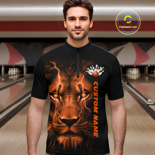 Custom Orange Thunder Lightning Lion Bowling Shirt For Men, Lion Bowling Team Jerseys IPHW10669